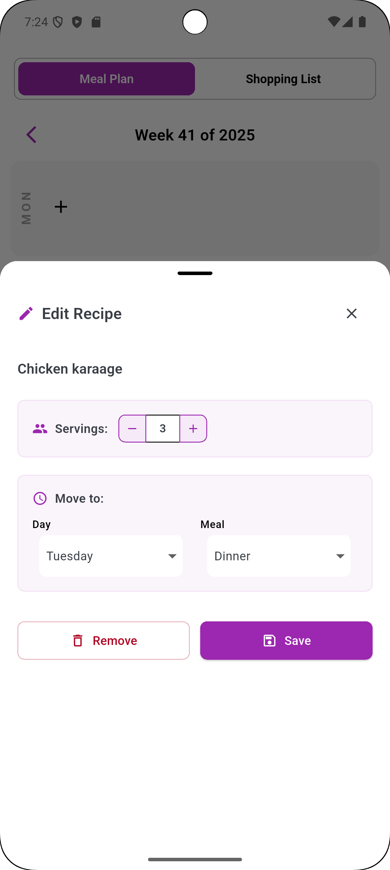 App Screenshot - Edit meal plan